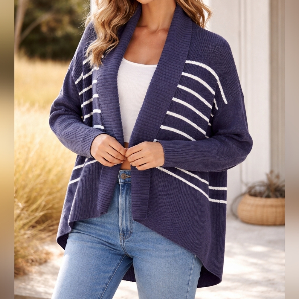 Athleta Open Front Boxy Cardigan Womens‎ Ribbed Knit Sailor Nautical Coastal